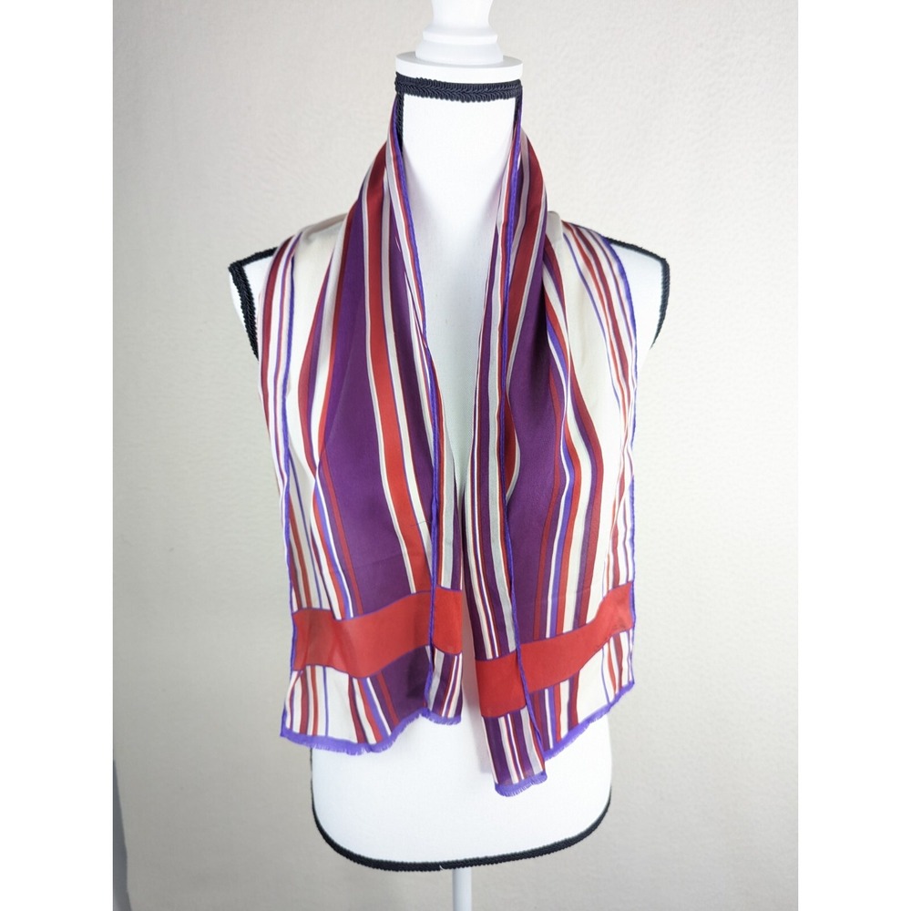 Oscar de la Renta Rectangle SCARF 66x9 Striped Red‎ Purple White Raw Edge